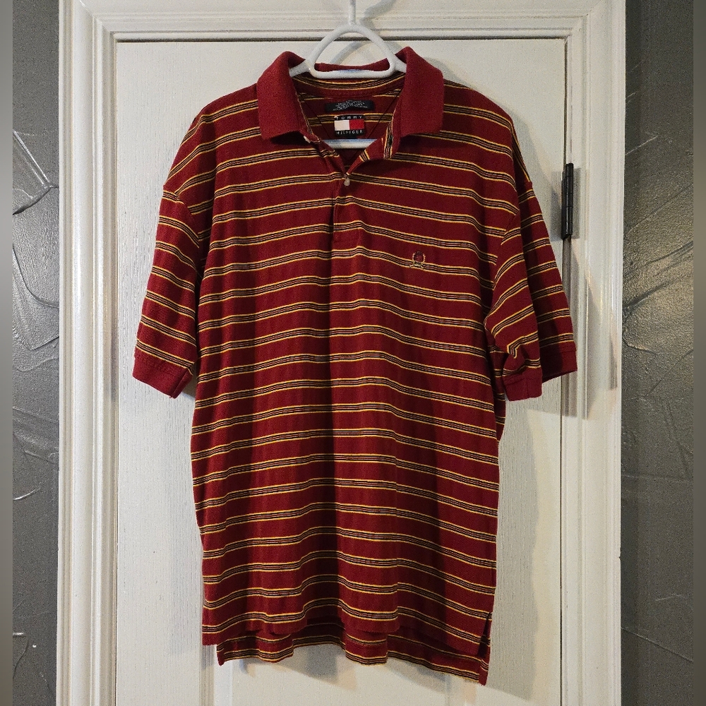 Vintage 2002 Tommy Hilfiger Red Black Yellow Striped Cotton Polo Shirt XL